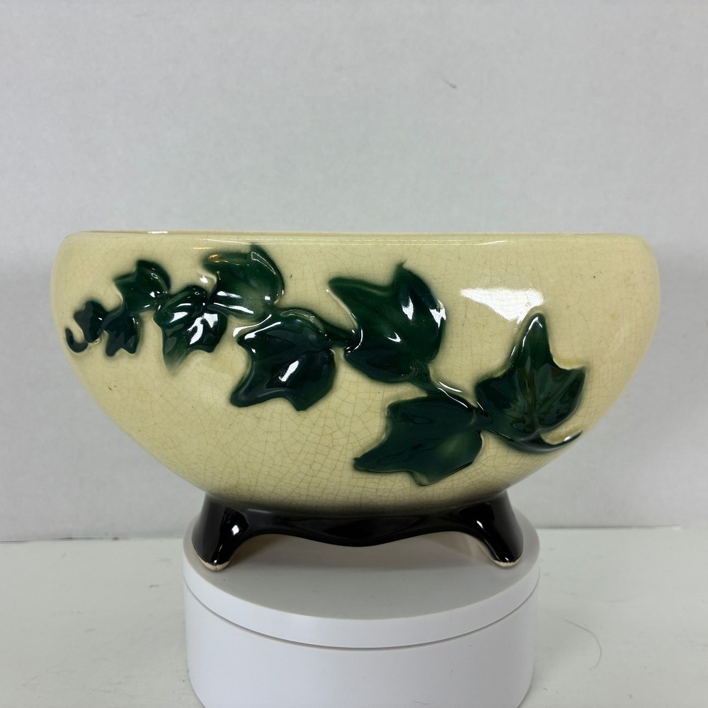 Vintage Royal Copley Ceramic Footed Planter Cream Green Ivy Leaf Relief